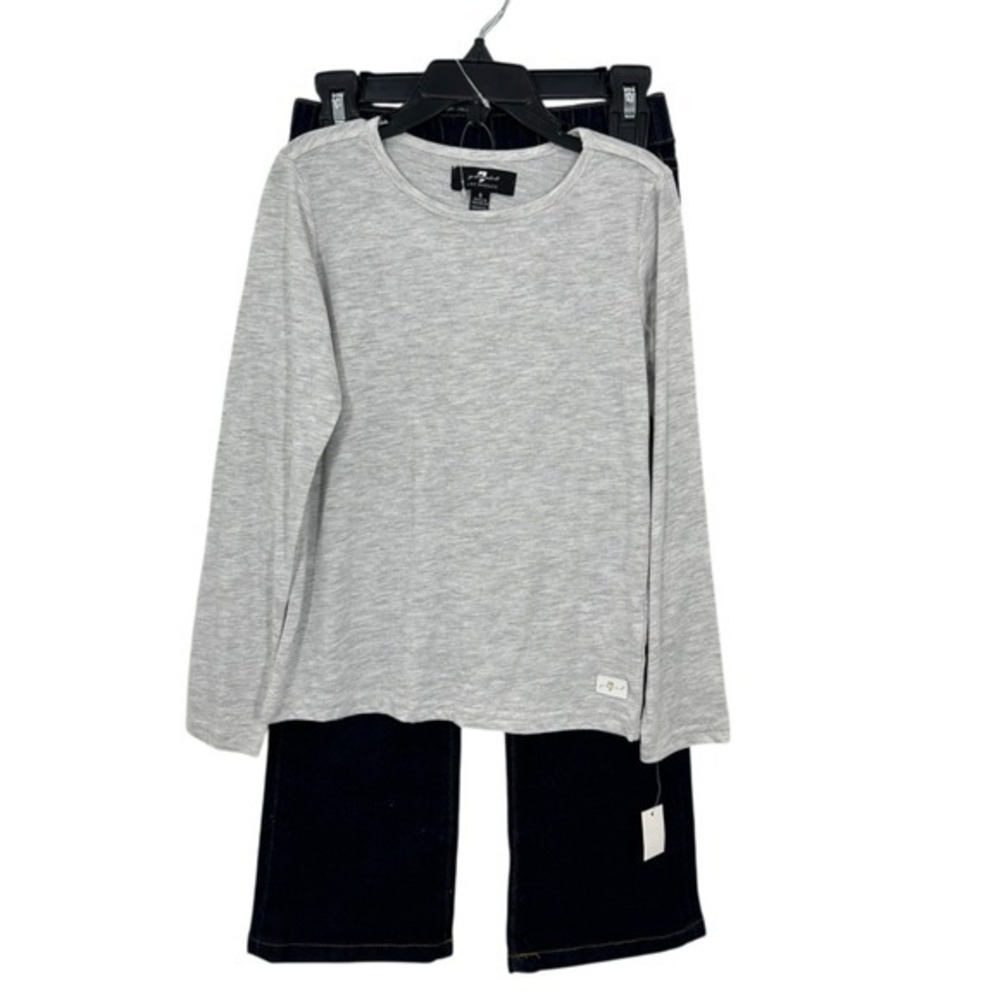 7 For All Mankind Girls 2‎ Piece Set Grey Long Sleeve Top Blue Jeans  Size 6 NWT